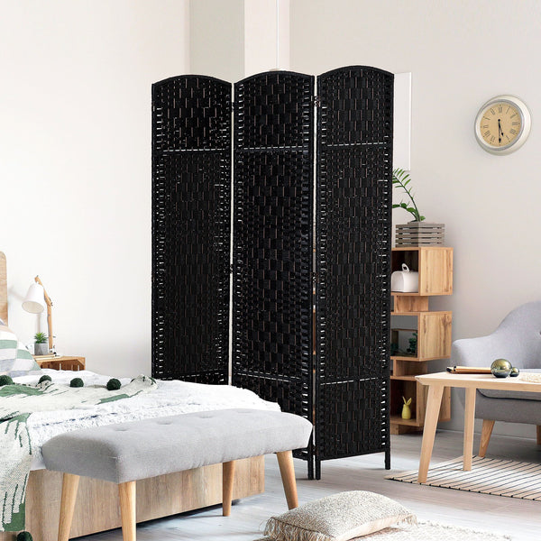 English Elm 6' Tall Wicker Weave Room Divider - Elegant 3-Panel Privacy Screen With Adjustable Hinges, Black Finish W2225P155589