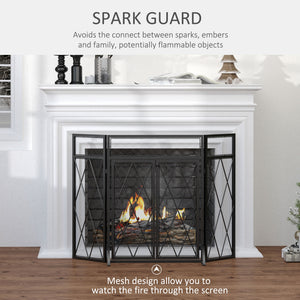 English Elm 3-Panel Folding Fireplace Screen with Double Doors — Heavy-Duty Steel Spark Guard 47.25"x31" Black W2225P155588