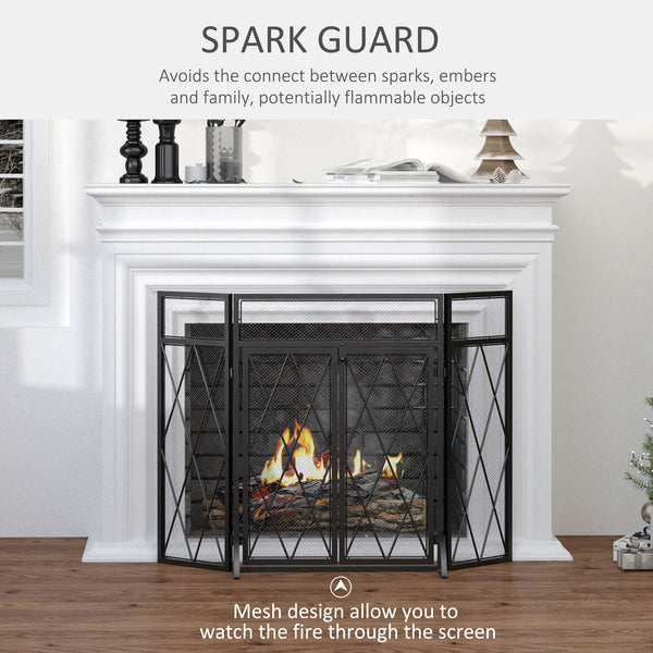 English Elm 3-Panel Folding Fireplace Screen with Double Doors — Heavy-Duty Steel Spark Guard 47.25"x31" Black W2225P155588
