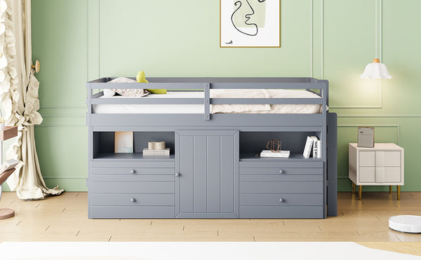 English Elm Twin Loft Bed with 4 Drawers Open Shelving and Cabinet for Kids Bedroom Storage Gray LT000762AAE