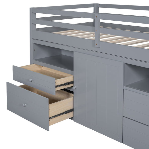 English Elm Twin Loft Bed with 4 Drawers Open Shelving and Cabinet for Kids Bedroom Storage Gray LT000762AAE