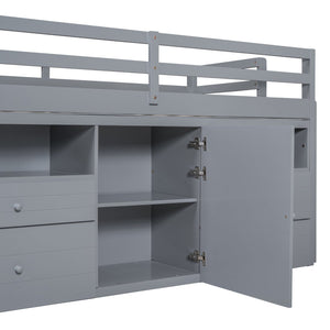 English Elm Twin Loft Bed with 4 Drawers Open Shelving and Cabinet for Kids Bedroom Storage Gray LT000762AAE