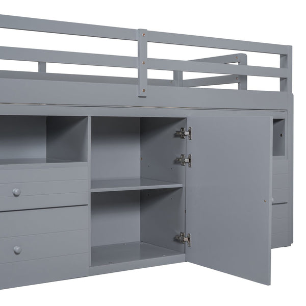 English Elm Twin Loft Bed with 4 Drawers Open Shelving and Cabinet for Kids Bedroom Storage Gray LT000762AAE
