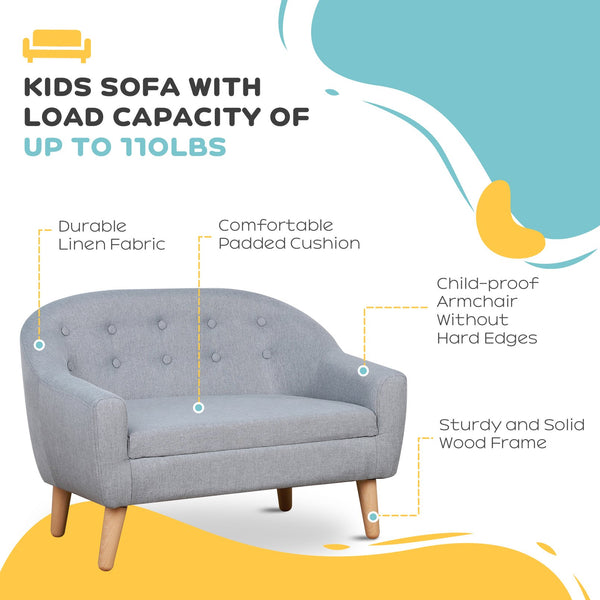 English Elm 2-Seat Kids Sofa Linen with Wooden Frame, Cozy 11" Seat for Ages 3-7, Durable Lightweight Gray W2225P155611