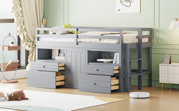 English Elm Twin Loft Bed with 4 Drawers Open Shelving and Cabinet for Kids Bedroom Storage Gray LT000762AAE