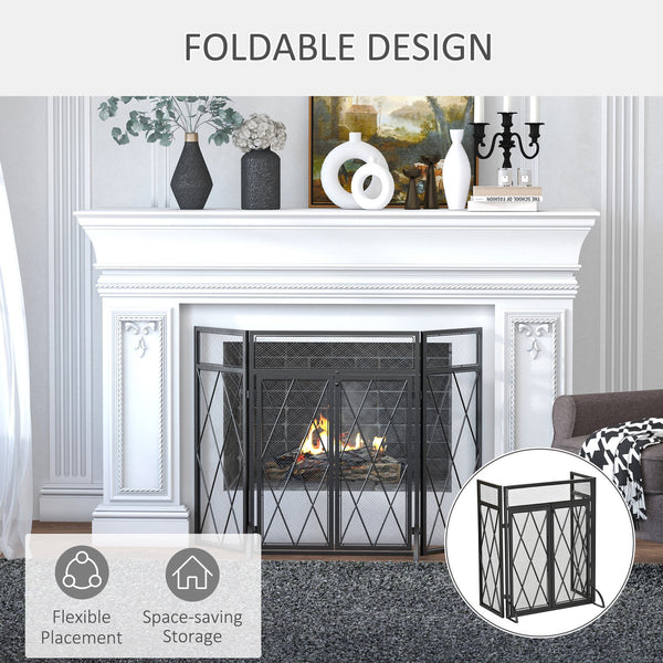 English Elm 3-Panel Folding Fireplace Screen with Double Doors — Heavy-Duty Steel Spark Guard 47.25"x31" Black W2225P155588