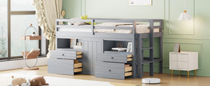 English Elm Twin Loft Bed with 4 Drawers Open Shelving and Cabinet for Kids Bedroom Storage Gray LT000762AAE