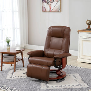 English Elm Faux PU Leather Recliner Chair with Swivel Wood Base, Manual 145° Recline and Padded Footrest Brown W2225P155584