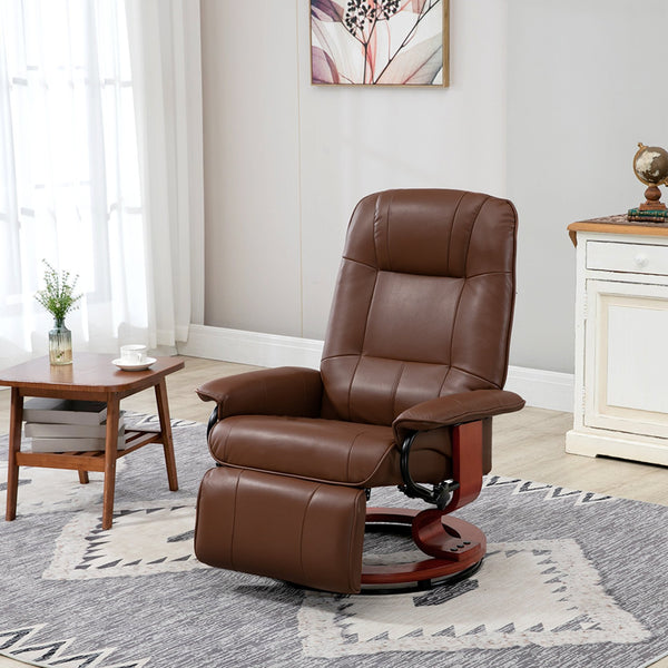 English Elm Faux PU Leather Recliner Chair with Swivel Wood Base, Manual 145° Recline and Padded Footrest Brown W2225P155584