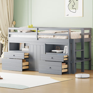 English Elm Twin Loft Bed with 4 Drawers Open Shelving and Cabinet for Kids Bedroom Storage Gray LT000762AAE