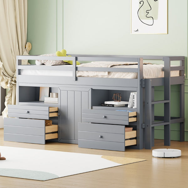English Elm Twin Loft Bed with 4 Drawers Open Shelving and Cabinet for Kids Bedroom Storage Gray LT000762AAE