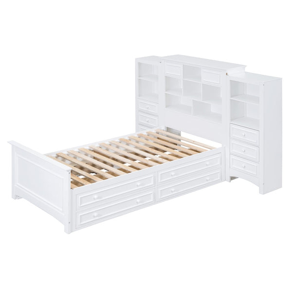 English Elm Twin Platform Bed with Vertical Storage Cabinet and 8 Under Drawer White Wood Frame LP000761AAK-2
