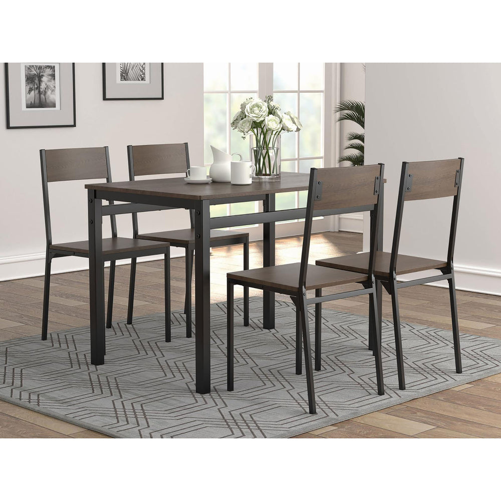 English Elm Dark Brown 5-Piece Dining Set with Matte Black Accents — Compact Transitional Table & 4 Chairs, Durable Metal PVC Finish, Space-Saving Design For Stylish Small Dining Rooms B062P153838