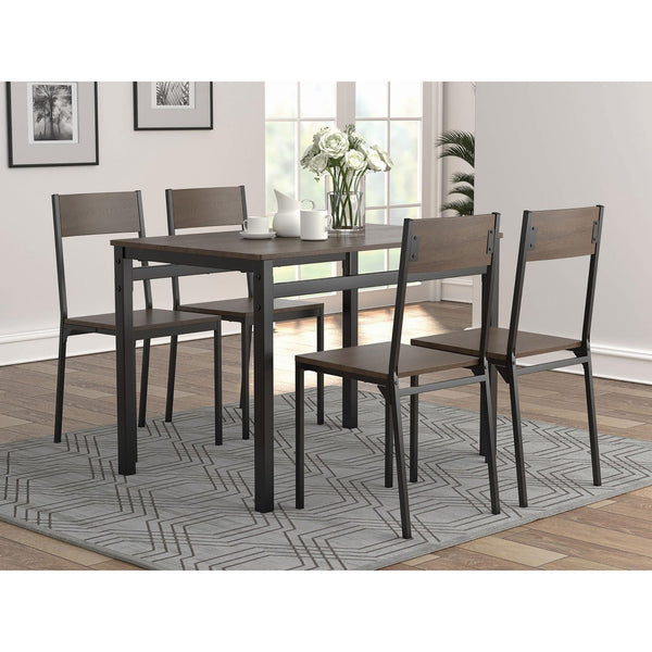English Elm Dark Brown 5-Piece Dining Set with Matte Black Accents — Compact Transitional Table & 4 Chairs, Durable Metal PVC Finish, Space-Saving Design For Stylish Small Dining Rooms B062P153838