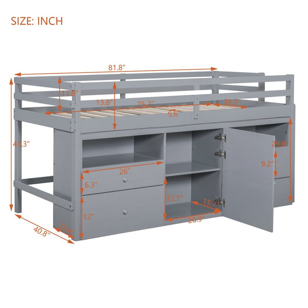 English Elm Twin Loft Bed with 4 Drawers Open Shelving and Cabinet for Kids Bedroom Storage Gray LT000762AAE