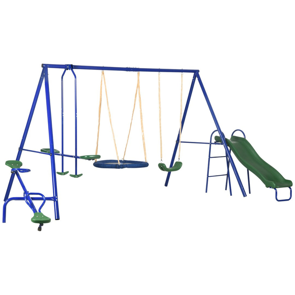 English Elm 616 Lbs Steel A-frame Backyard Playset with Saucer Swing Slide Seesaw and Glider W2225P155612