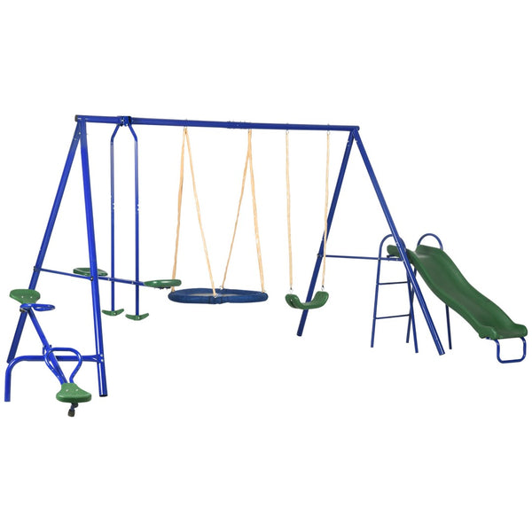 English Elm 616 Lbs Steel A-frame Backyard Playset with Saucer Swing Slide Seesaw and Glider W2225P155612