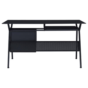 English Elm Black Modern 2-Drawer Computer Desk with Keyboard Tray, Glass Accent, Metal Frame, Spacious 55" Worksurface B062P153857