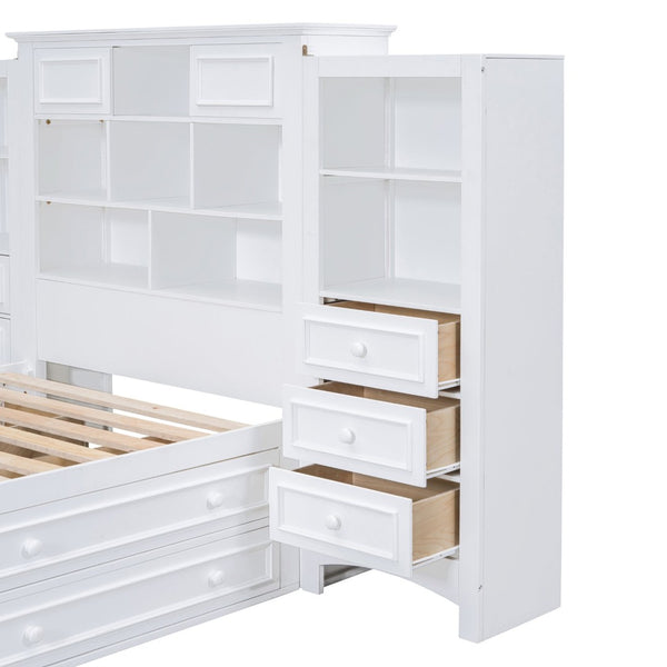 English Elm Twin Platform Bed with Vertical Storage Cabinet and 8 Under Drawer White Wood Frame LP000761AAK-2