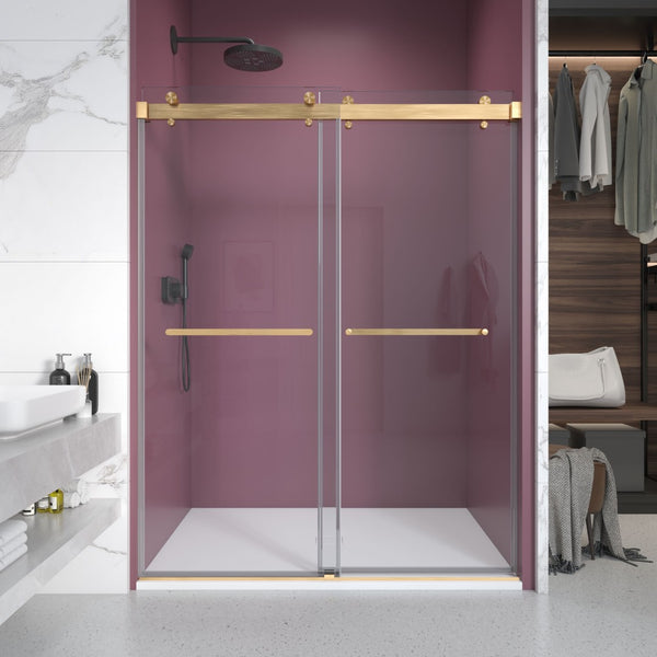 English Elm 56'' Frameless Double Sliding Shower Door Tempered Glass Brushed Gold Modern Bath B133P156465