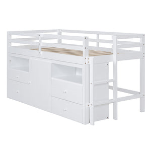 English Elm Twin Loft Bed with 4 Drawers Open Shelving and Cabinet for Kids Bedroom Storage White LT000762AAK