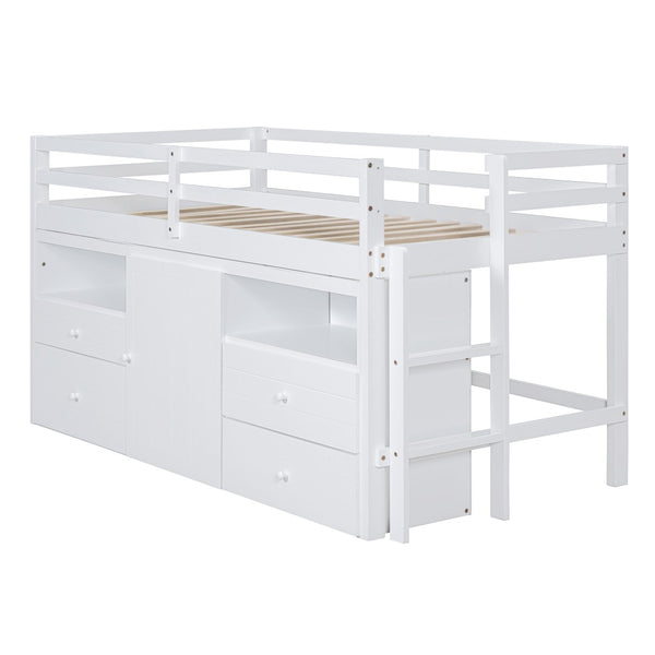 English Elm Twin Loft Bed with 4 Drawers Open Shelving and Cabinet for Kids Bedroom Storage White LT000762AAK