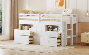 English Elm Twin Loft Bed with 4 Drawers Open Shelving and Cabinet for Kids Bedroom Storage White LT000762AAK