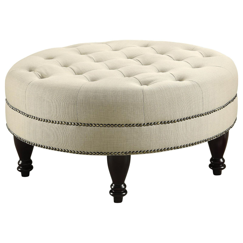 English Elm Oatmeal Round Tufted Cocktail Ottoman with Nailhead Trim and Turned Dark Wood Legs for Luxury Seating B062P153810