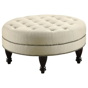 English Elm Oatmeal Round Tufted Cocktail Ottoman with Nailhead Trim and Turned Dark Wood Legs for Luxury Seating B062P153810