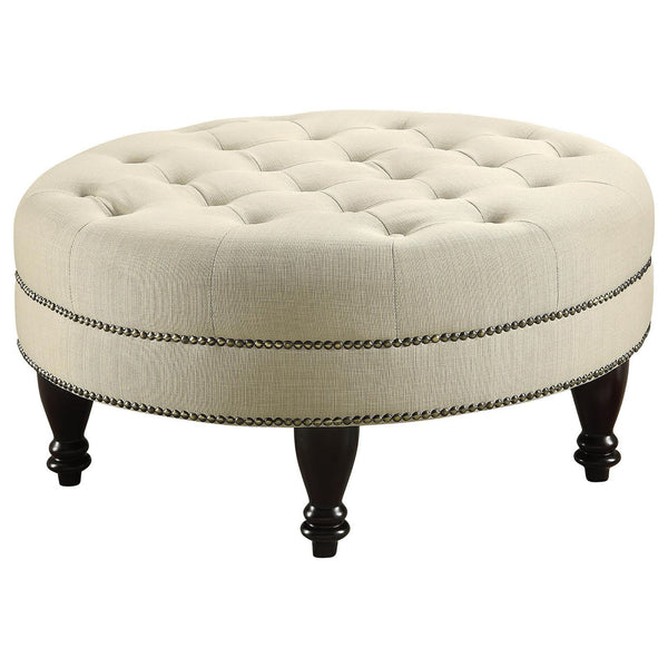 English Elm Oatmeal Round Tufted Cocktail Ottoman with Nailhead Trim and Turned Dark Wood Legs for Luxury Seating B062P153810