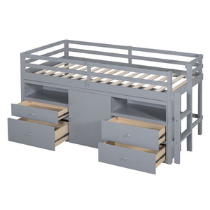 English Elm Twin Loft Bed with 4 Drawers Open Shelving and Cabinet for Kids Bedroom Storage Gray LT000762AAE