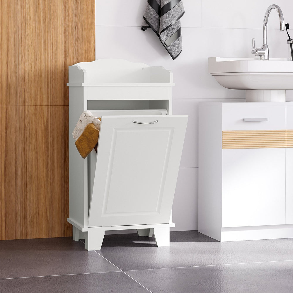 English Elm 31" Tilt Out Laundry Hamper Floor Cabinet with Pull-Out Basket, White Bathroom Organizer, 66 lb Capacity, Space-Saving Design W2225P155593