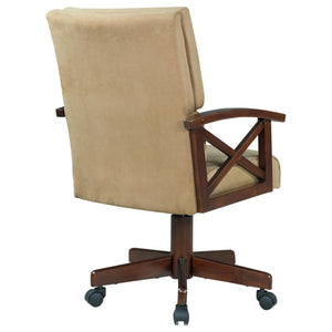 English Elm Tan Upholstered Game Chair with Casters, Tobacco Hardwood Frame, Seamed Fabric Comfort, Mobile Elegance B062P153808