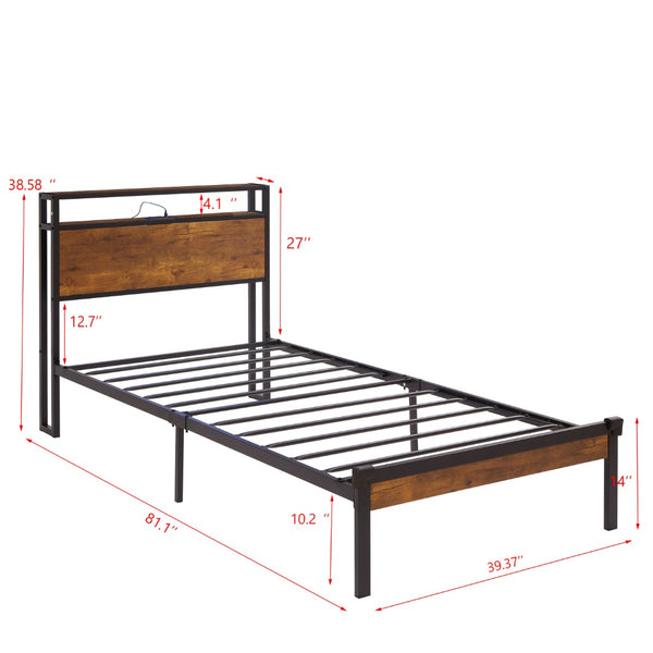 English Elm Twin Metal Platform Bed Wooden Headboard Led Underglow Usb Charging Storage Base W311134485