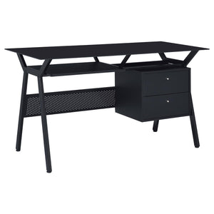 English Elm Black Modern 2-Drawer Computer Desk with Keyboard Tray, Glass Accent, Metal Frame, Spacious 55" Worksurface B062P153857