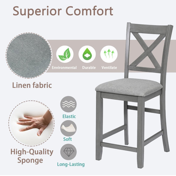 English Elm Dining Counter Height Chair Set of 4 Solid Wood Linen Seat Mid-century Kitchen W1998126382