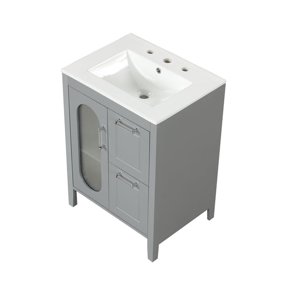 English Elm 24" Bathroom Vanity with Sink Solid Wood & Ceramic Top, Modern Freestanding Cabinet with Drawers Grey N725P351849E