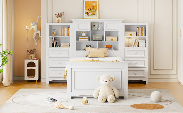 English Elm Twin Platform Bed with Vertical Storage Cabinet and 8 Under Drawer White Wood Frame LP000761AAK-2