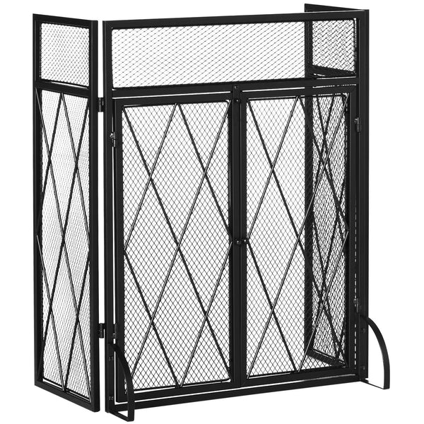 English Elm 3-Panel Folding Fireplace Screen with Double Doors — Heavy-Duty Steel Spark Guard 47.25"x31" Black W2225P155588
