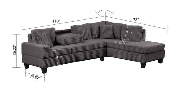 English Elm Modern Corduroy Sectional Sofa with Storage Ottoman, Drop-Down Tray, Plush Pillows, Wood Frame Elegance Gray B009S01290
