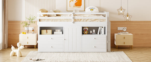 English Elm Twin Loft Bed with 4 Drawers Open Shelving and Cabinet for Kids Bedroom Storage White LT000762AAK