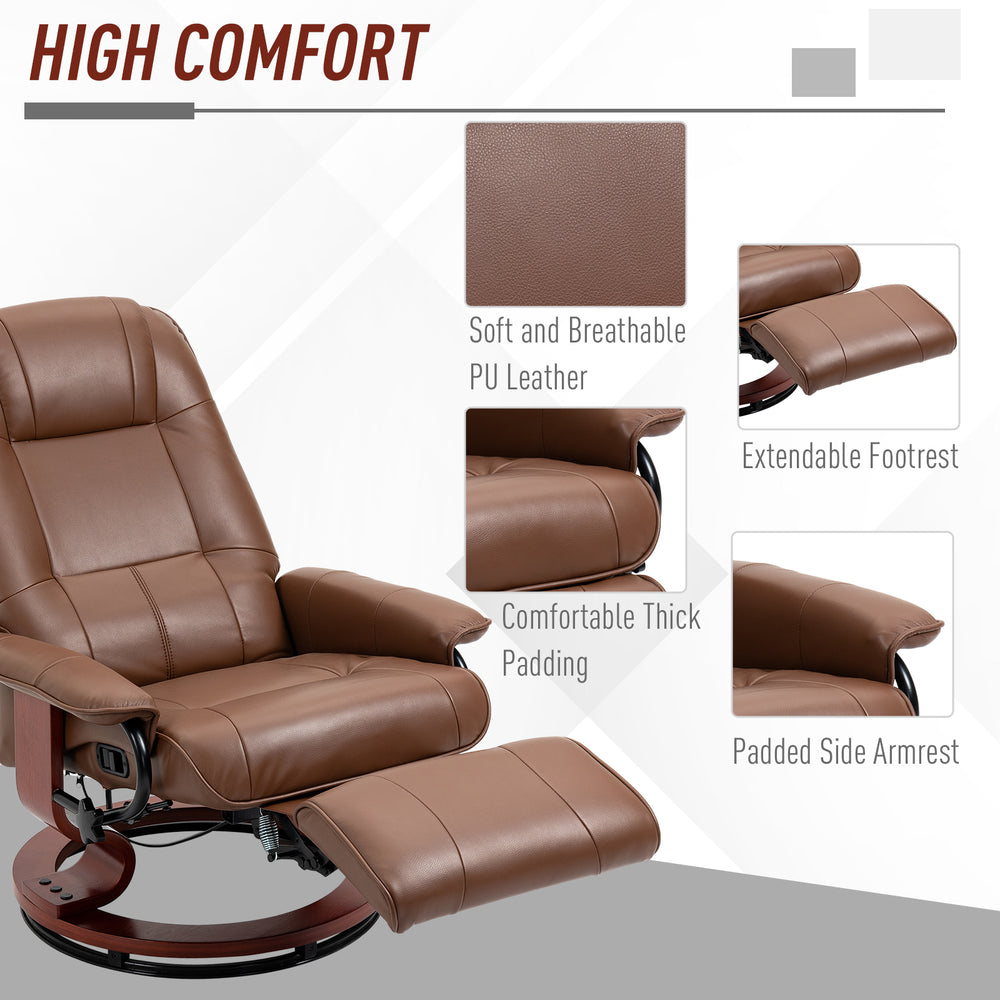 English Elm Faux PU Leather Recliner Chair with Swivel Wood Base, Manual 145° Recline and Padded Footrest Brown W2225P155584