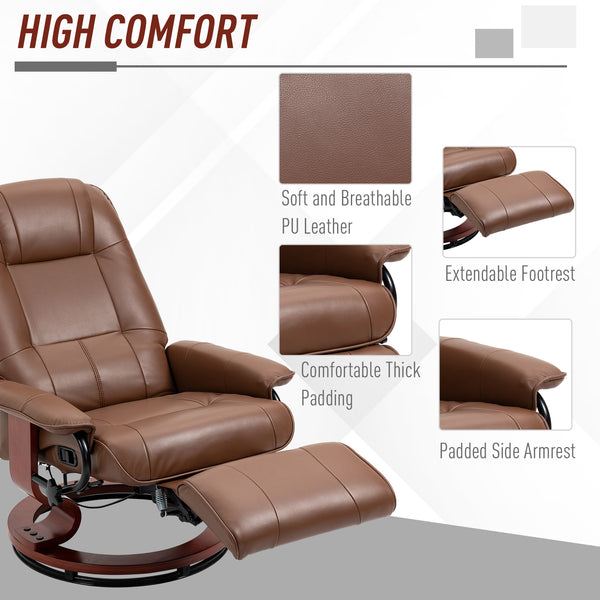 English Elm Faux PU Leather Recliner Chair with Swivel Wood Base, Manual 145° Recline and Padded Footrest Brown W2225P155584