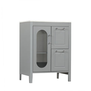 English Elm 24" Bathroom Vanity with Sink Solid Wood & Ceramic Top, Modern Freestanding Cabinet with Drawers Grey N725P351849E