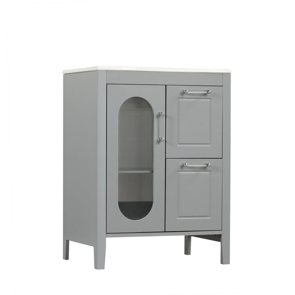 English Elm 24" Bathroom Vanity with Sink Solid Wood & Ceramic Top, Modern Freestanding Cabinet with Drawers Grey N725P351849E