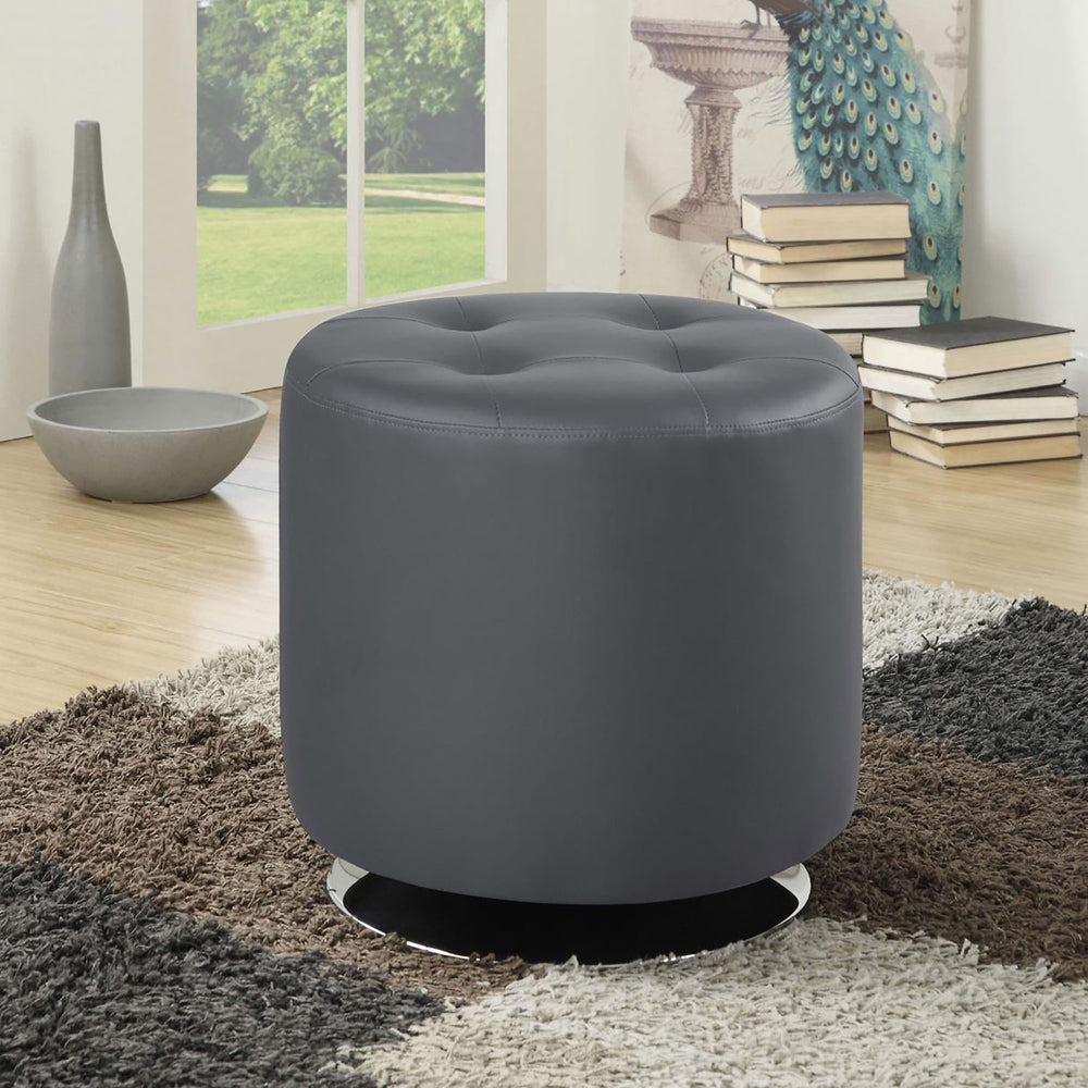 English Elm Grey Tufted Round Ottoman with Bonded Leather, High-Resiliency Foam Cushion and Chrome Base, Modern Accent Seat B062P153812