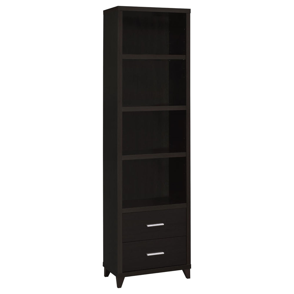 English Elm Cappuccino Modern Media Tower with 4 Open Shelves, 2 Drawers & Silver Pulls — Tall 76" Storage Unit B062P153829