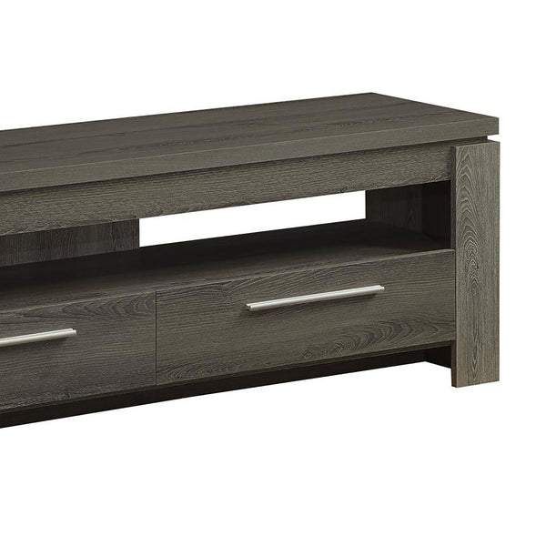 English Elm Weathered rustic 59" TV console with 2 drawers, open shelf & silver handles for organized livingroom storage B062P153850