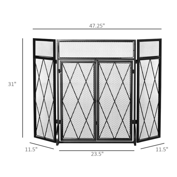 English Elm 3-Panel Folding Fireplace Screen with Double Doors — Heavy-Duty Steel Spark Guard 47.25"x31" Black W2225P155588