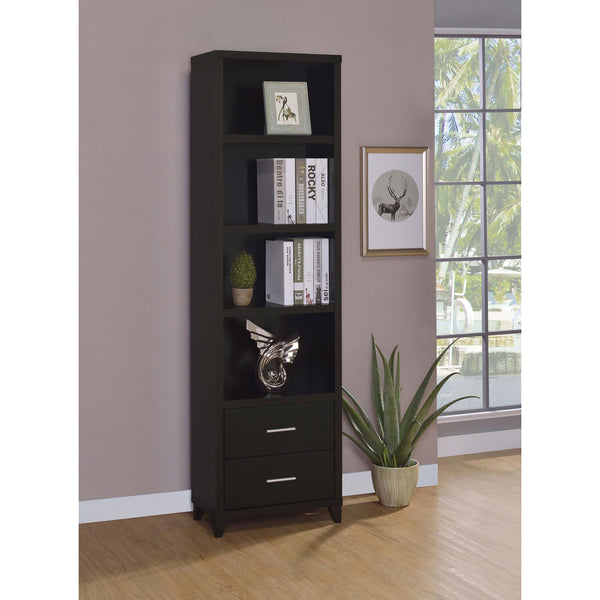 English Elm Cappuccino Modern Media Tower with 4 Open Shelves, 2 Drawers & Silver Pulls — Tall 76" Storage Unit B062P153829